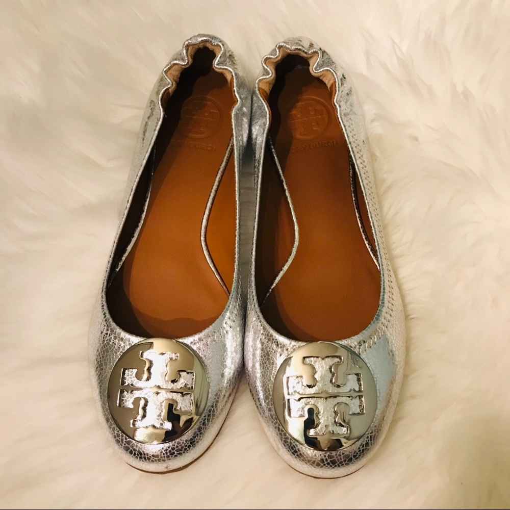 Tory Burch Silver Reva Leather Ballet Flats